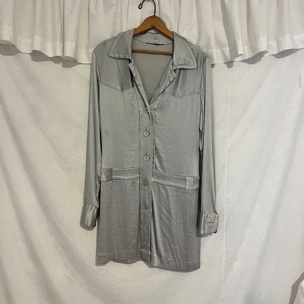 designer sample drop waist silver dress